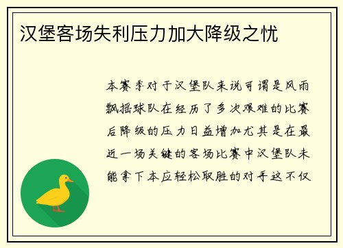 汉堡客场失利压力加大降级之忧